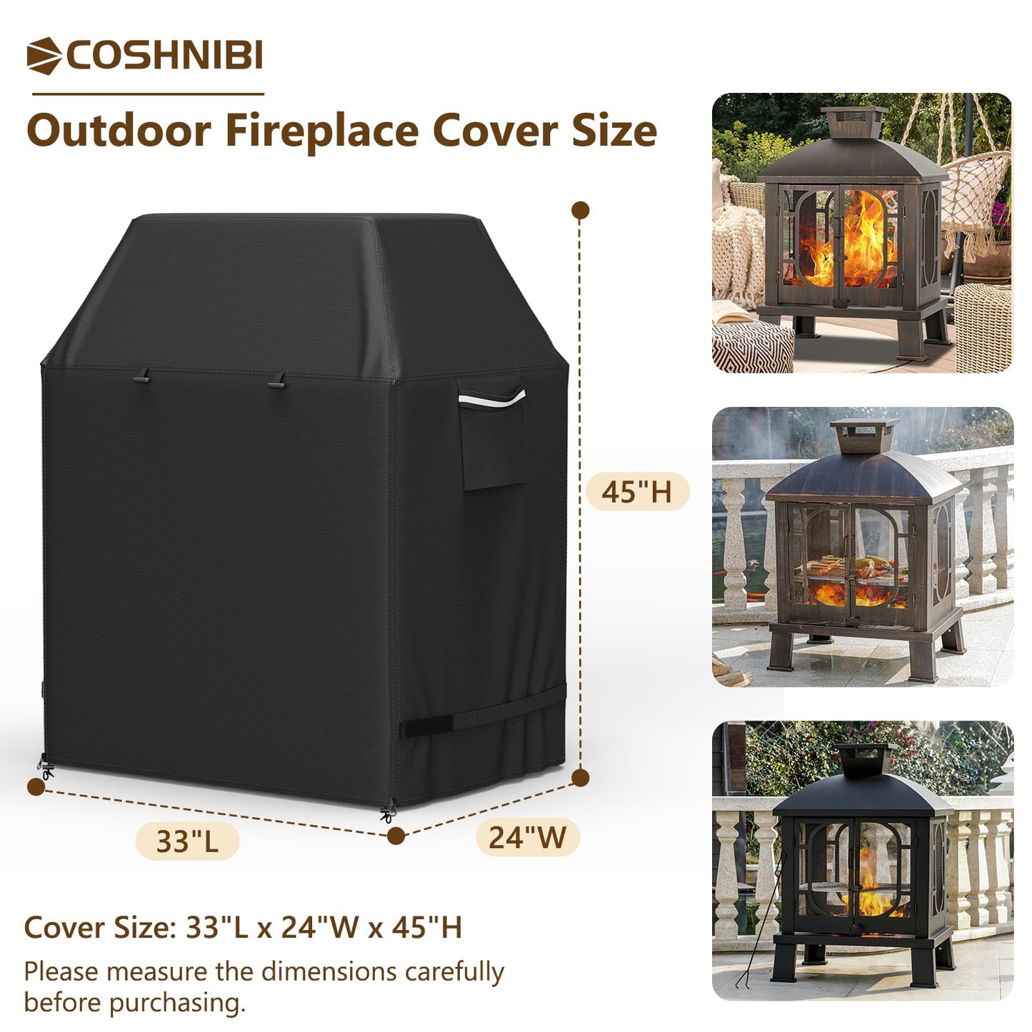 COSHNIBI Outdoor Fireplace Cover,Heavy Duty Waterproof Square Chimineas Fireplace Covers,Cover for Panovue Chiminea Fire Pits,32”L x 24”W x 45”H,Black