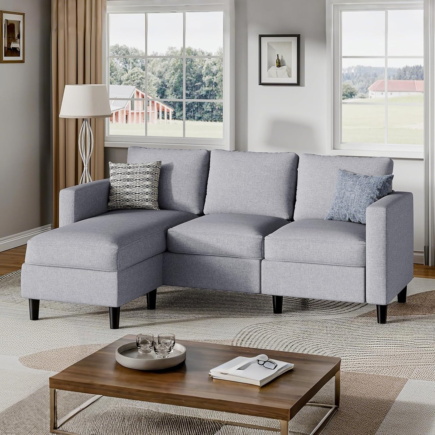 Small Sectional Sofa Couch, 3 Seat L Shaped Couches with Ottoman, Upholstered Fabric Convertible Sofa, Small Couch for Apartments, Living Room and Office (Light Grey)