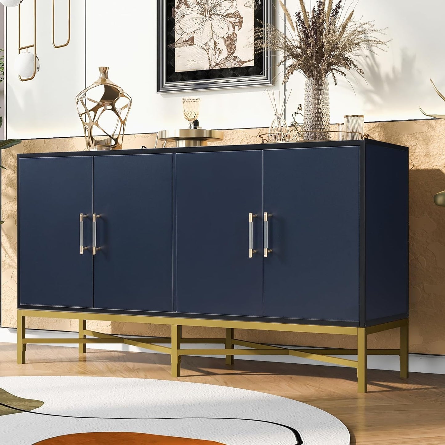 Merax Sideboard Buffet Cabinet with Storage, 4 Door Modern Cupboard w/Cross-Leg Design, Console Table for Kitchen, Dining/Living Room, Blue