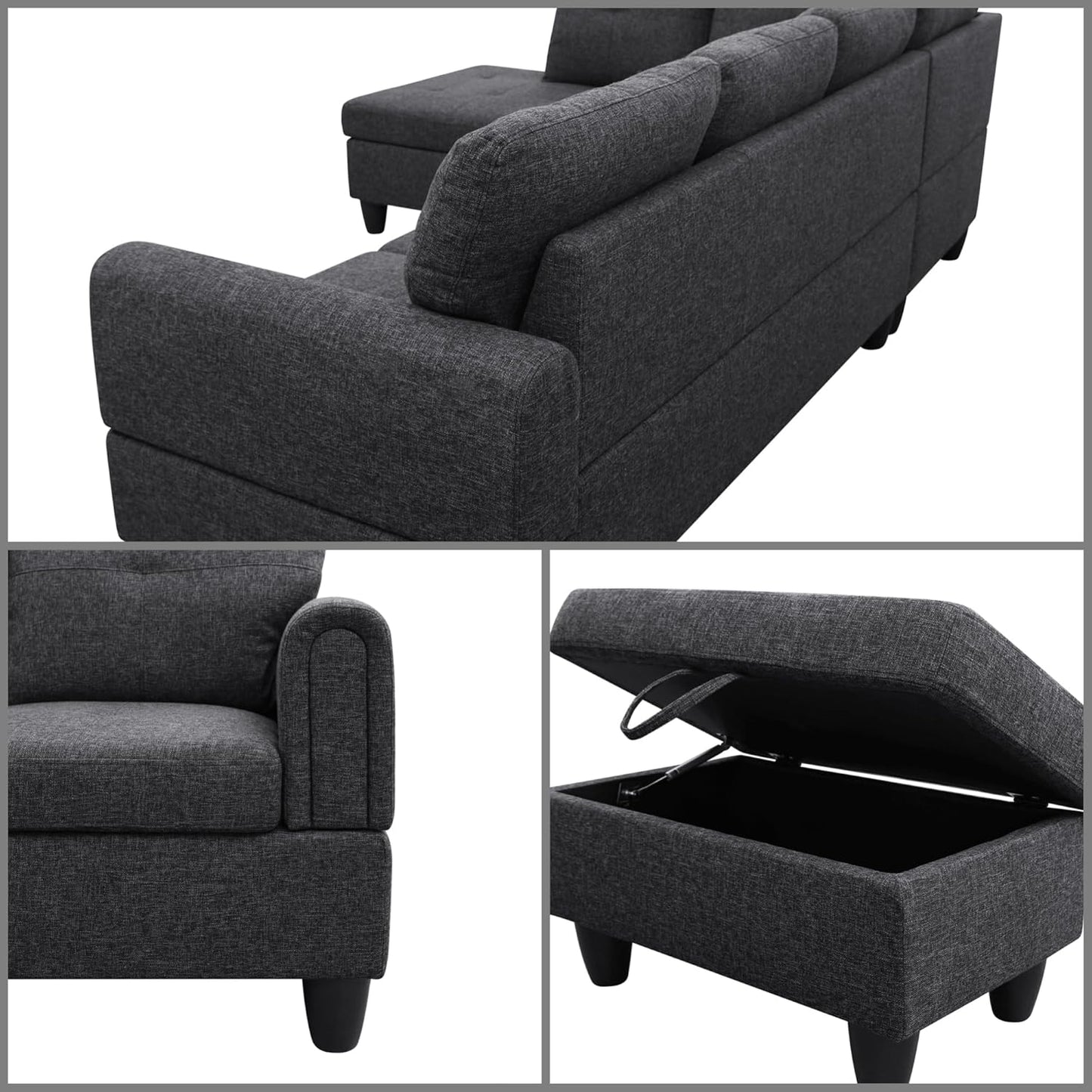 L Shaped Sectional Couches, Modern Modular Sectional Sofa for Living Room Bedroom Furniture, Comfy 4 Seat Couch with Ottoman Storage & Chaise, Black Gray