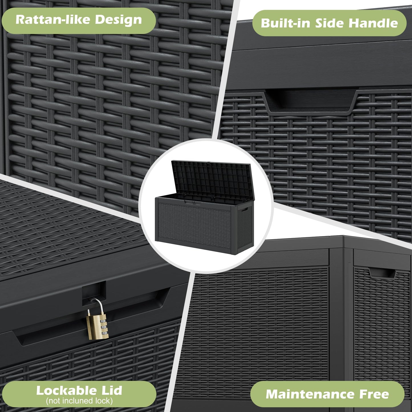WTFGO 72 Gallon Outdoor Storage Box, Resin Deck Boxes Outdoor Waterproof For Patio Furniture, Garden Tools, Pool Supplies, Lockable And UV Resistant (Rattan Black)