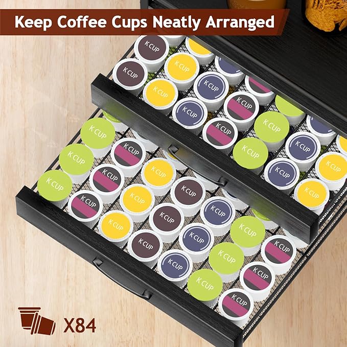 Coffee Syrup Rack Organizer - 4-Tier 8 Syrup Wine Bottles Stand with 82 Storage Drawer for K Cups, Coffee Pod Holder for Countertop, Bar Station, Kitchen, Black