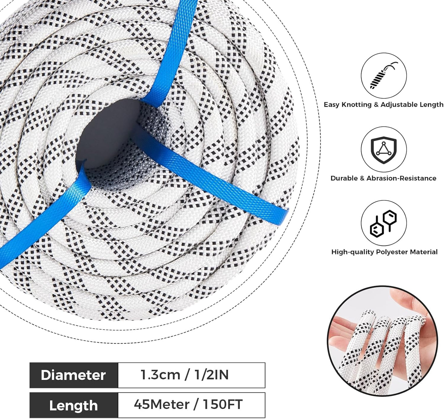 1/2 Inch 150ft Double Braided Polyester Arborist Rope, Heavy Duty Nylon Rope for Anchor, Tree Work, Cargo, Pulling, Sailing(White)
