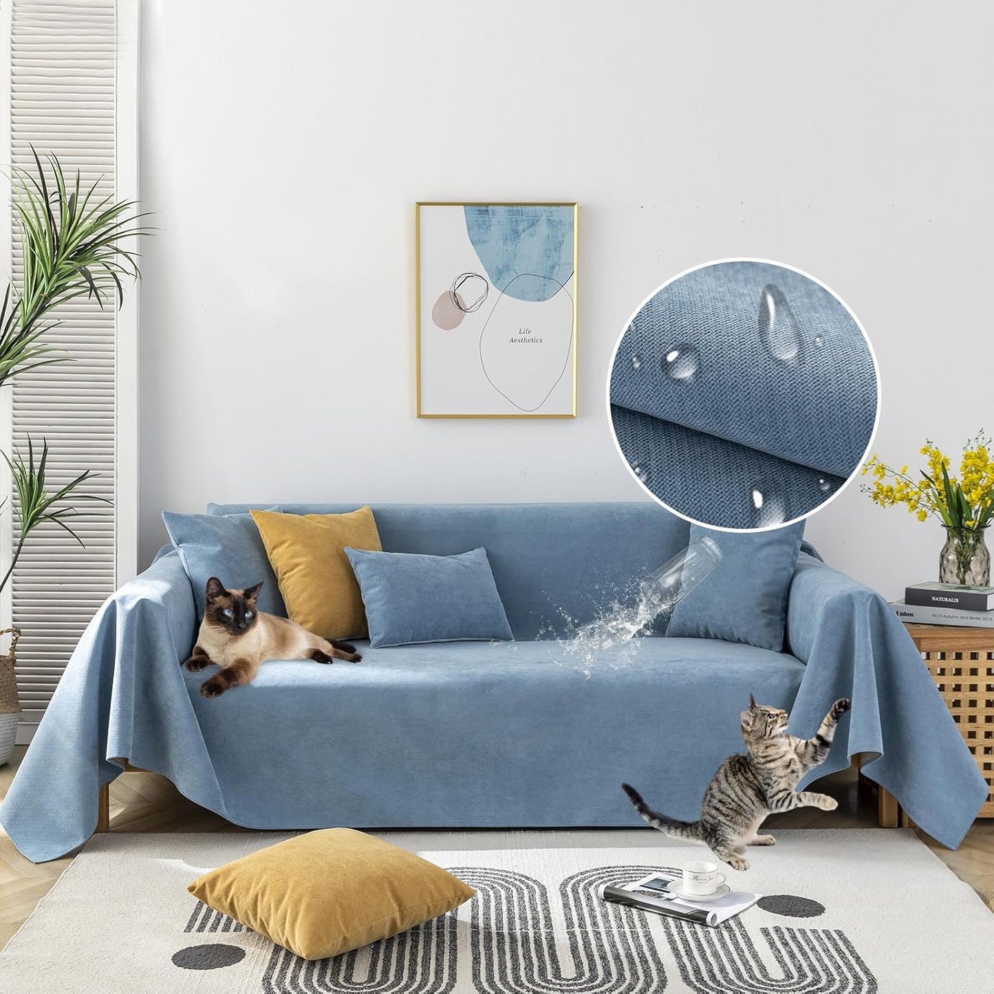 STACYPIK 100% Waterproof Blue Couch Cover for Pets, Sectional L Shape Sofa Cover for 2 Cushion Couch, Anti-Cat Scratch Furniture Protector Cover, Anti Slip Sofa Throw Cover for Dogs Kids-71x90IN