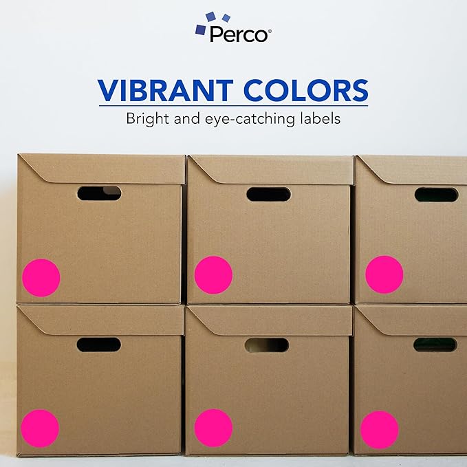 Perco Fluorescent Pink 3-Inch Round Circle Dot Sticker Labels with Easy Peel Perforation - 500 Labels per Roll - Strong Adhesion, Vibrant Colors for Organizing, Crafting & More - Made in USA