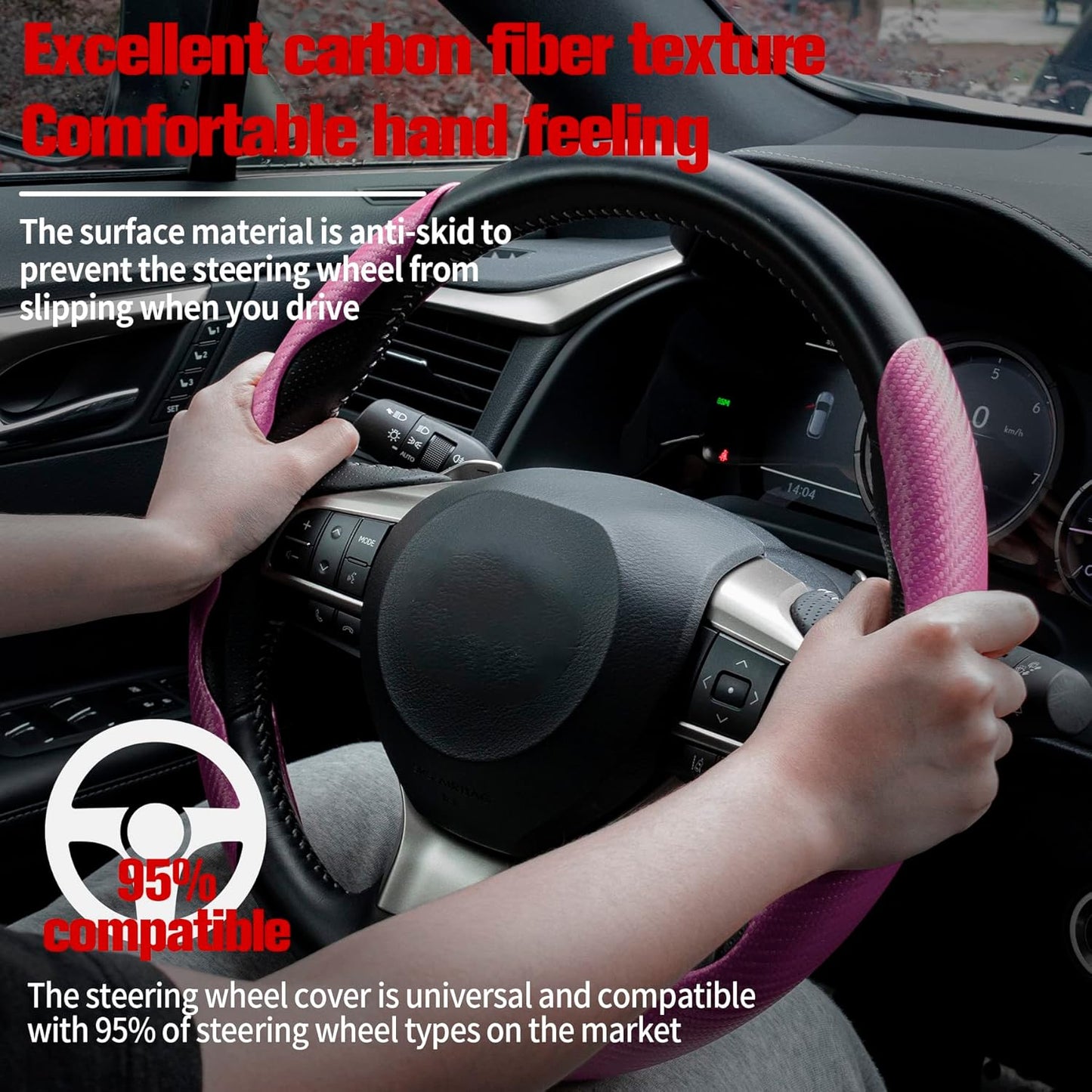 Amiss Carbon Fiber Anti-Skid Steering Wheel Cover, Universal 99% Car Wheel Cover Protector, Pink