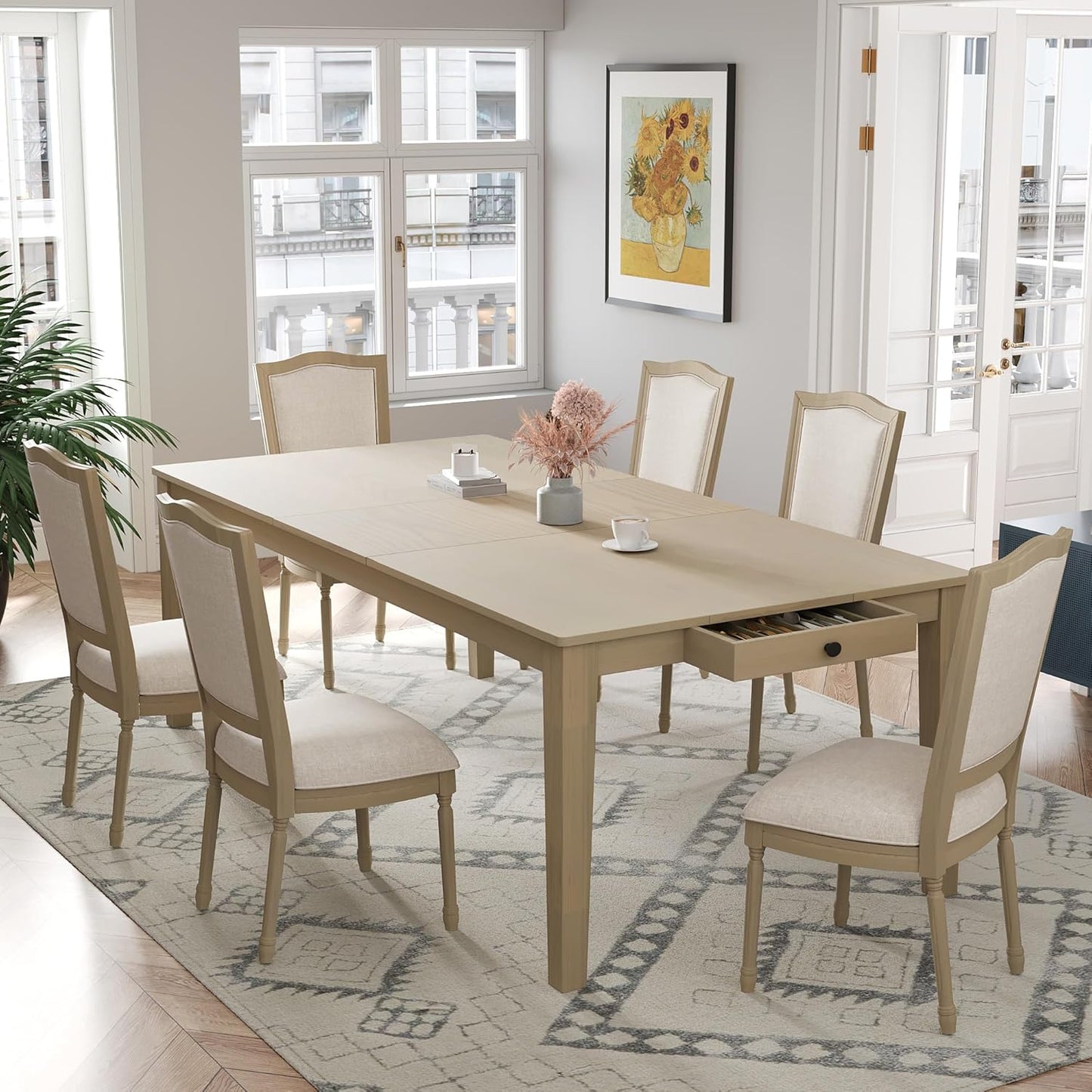 Merax Rustic 7 Piece 78.1inch Extendable Dining Table Set with 18inch Removable Leaf, 6 Upholstered Dining Chairs, 2 Built-in Drawers, Natural