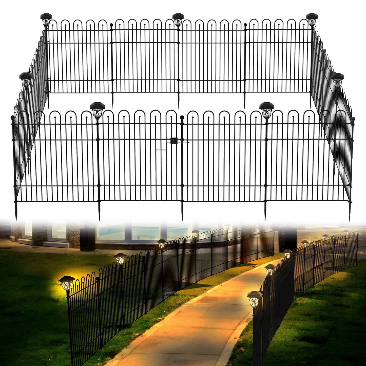 Garden Fence Animal Barrier with Lights & Gate, 32 in (H) x23.6ft (L) Decorative Garden Fence, 10 Panels No Dig, Rustproof Metal Temporary Fence, for Outdoor, Yard, Patio