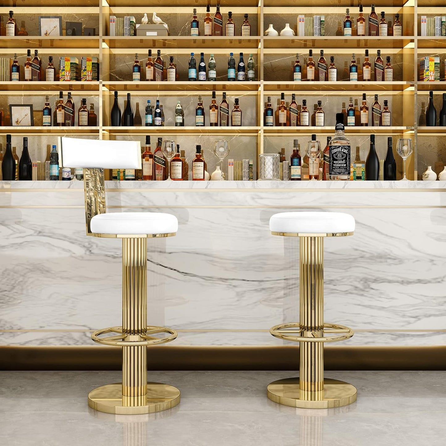 FUNROLUX Counter Height Bar Stools with Back, Modern Adjustable Height Barstools Swivel Bar Chairs with Polished Gold Stainless Steel Legs and Comfortable Cushion for Kitchen Island Counter (White)
