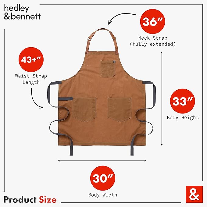 hedley & bennett Waxman Apron - 100% Cotton, Water Resistant, Heavy Duty Waxed Canvas Apron with Pockets & Adjustable Strap for Grilling, Baking, BBQ, Cooking - Professional Chef Apron - Montana