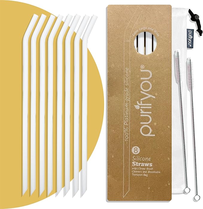 purifyou 14in Platinum Silicone Straws, Extra Long & Wide for 40oz Tumblers from Stanley, Reduce, Yeti & More, Reusable Smoothie Straws with Travel Case & 2 Cleaning Brushes (Set of 8, White)