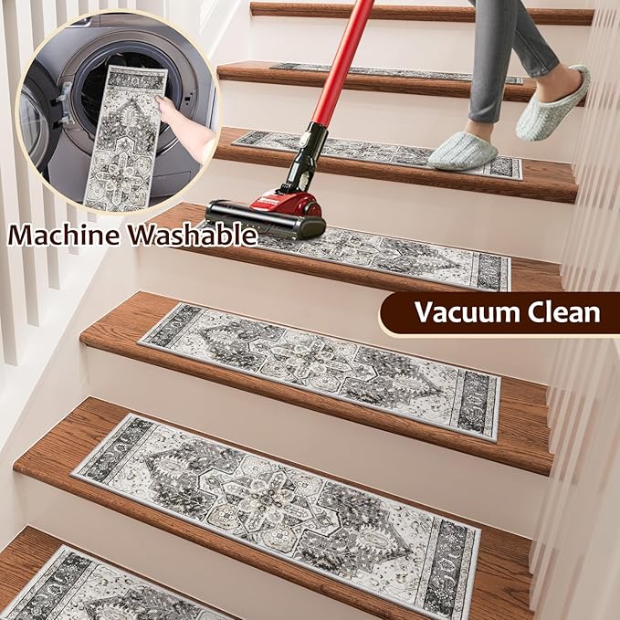 OJIA Stair Treads Non Slip for Wooden Steps Indoor 15PCS Carpet Stair Treads, Rubber Backing Stair Carpet Treads, Residue Free 8"x30" Staircase Step Treads Edging Stair Rugs for Kids & Pets, Gray
