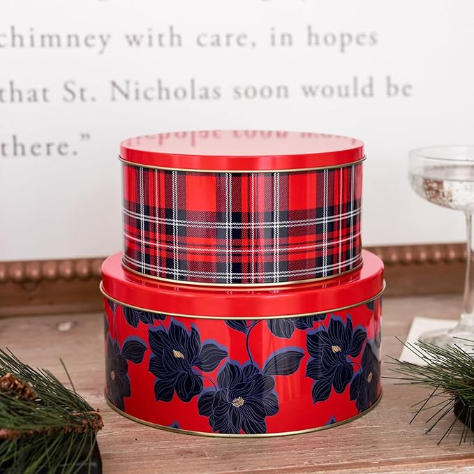 Draper James Cookie Tin Set for Treat Exchange and Gifting, Set of 2 Nesting Metal Boxes, Angie Plaid