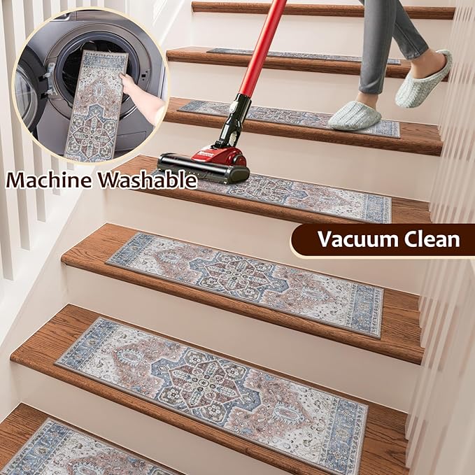OJIA Non-Slip Stair Treads for Wooden Steps 30"x8" Indoor Stair Runner 15PCS Residue-Free Rubber Backed Carpet Stair Treads Staircase Step Treads Stair Rugs Mats for Kids and Dogs, Beige