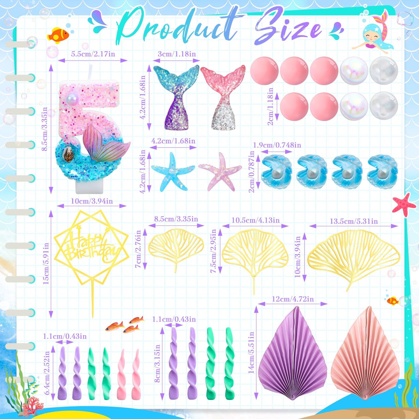 Acellegic 32 Pcs Mermaid Cake Toppers Under the Sea Cake Decor Sets Mermaid Tails Seaweeds Bubbles Shells Golden Ginkgo Leaves Birthday Card Candle for Birthday Wedding Party Supplies(Number 5)