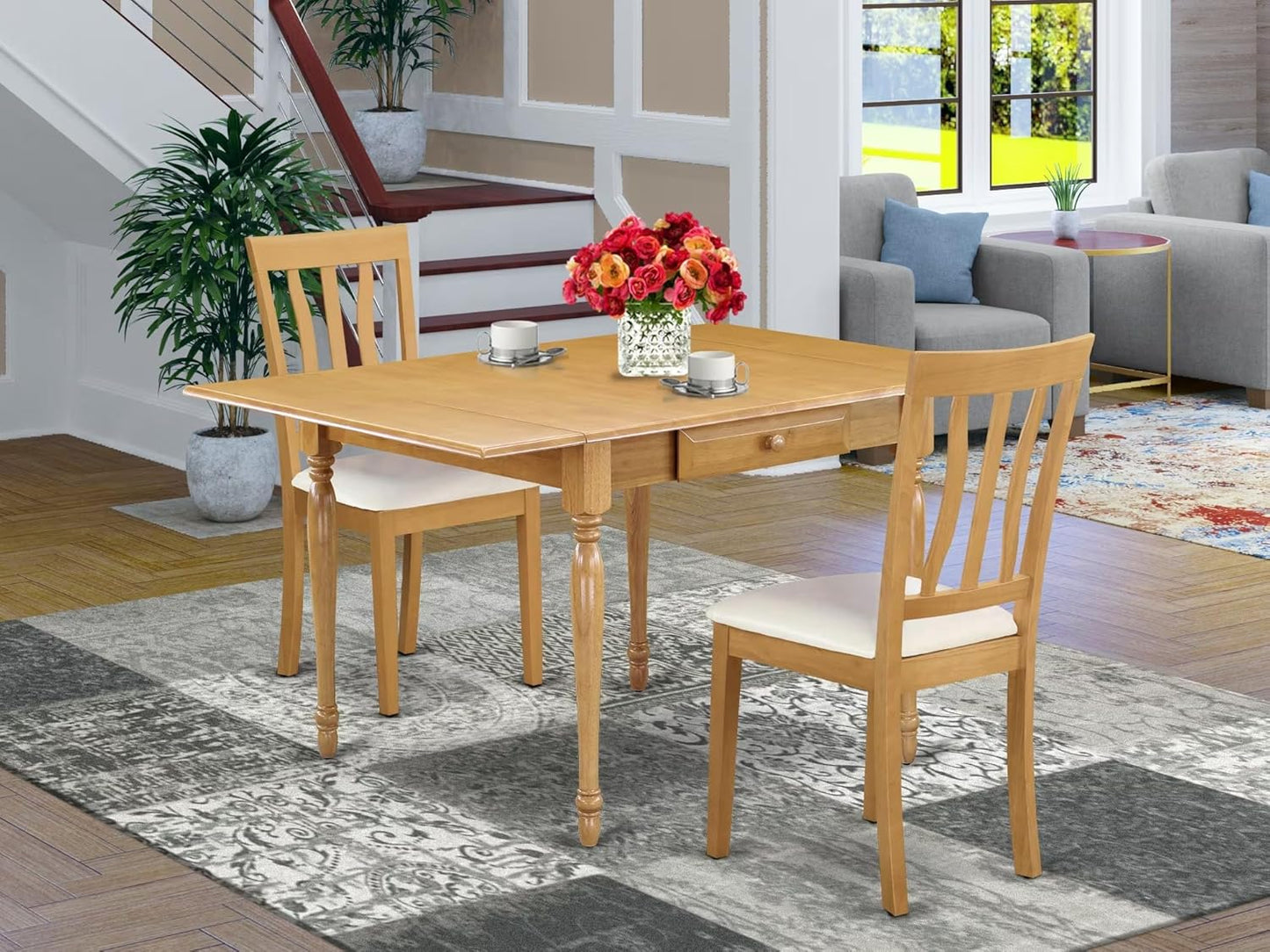 East West Furniture MZAN3-OAK-LC 3 Piece Kitchen Table & Chairs Set Contains a Rectangle Dining Table with Dropleaf and 2 Faux Leather Dining Room Chairs, 36x54 Inch, Oak