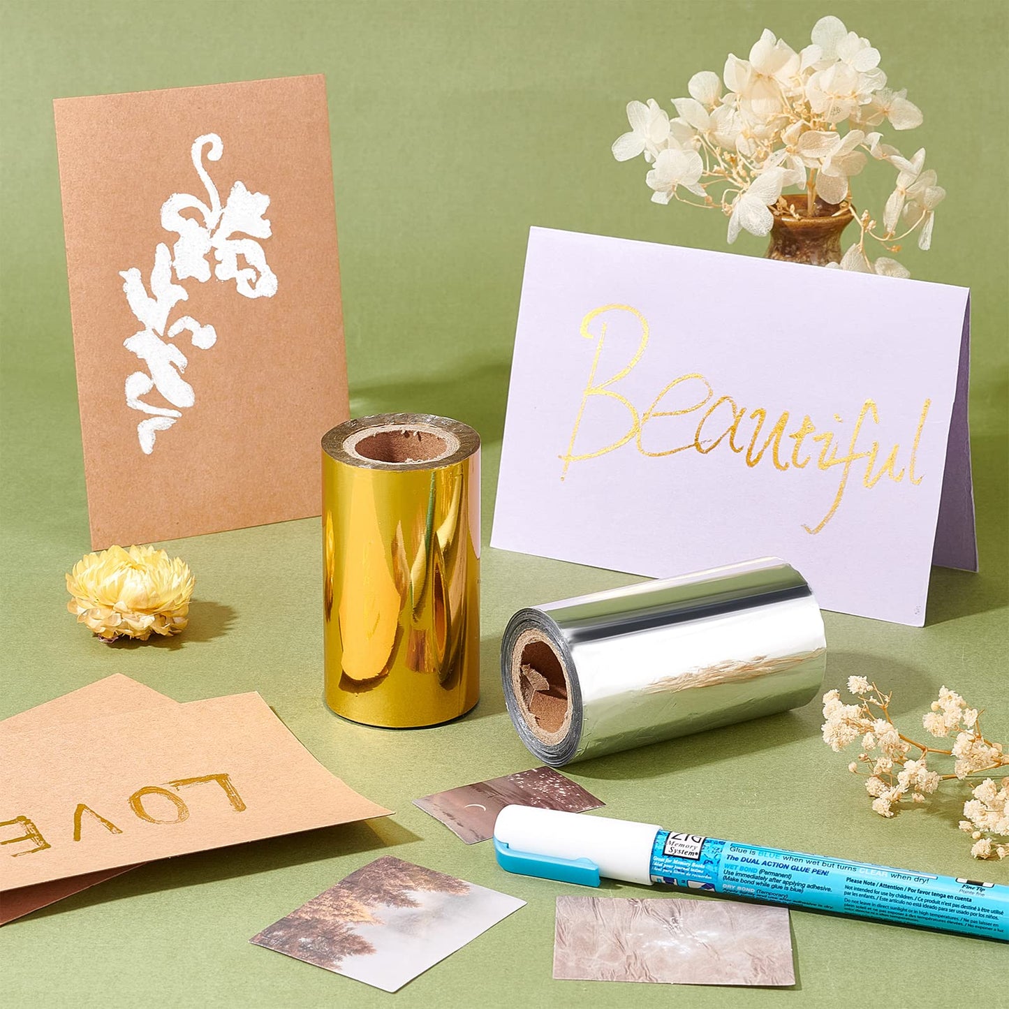 SUPERFINDINGS 2 Colors Hot Foil Stamping Paper 66Ftx3.15in Heat Transfer Foil Paper Metallic Golden Silver for DIY Craft Embossing Scrapbooking Cards