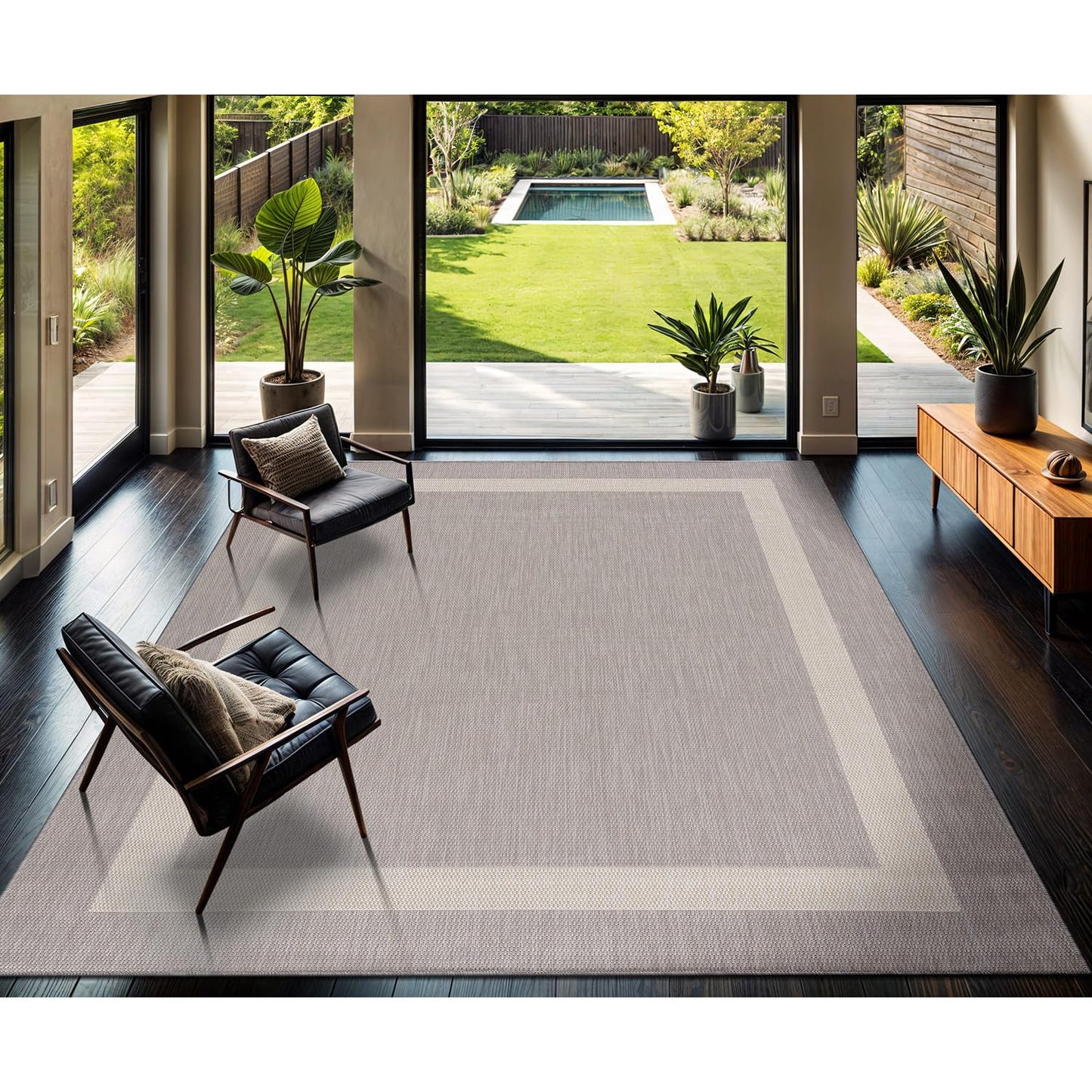 CAMILSON Outdoor Rug 8x10,Modern Outside Rugs for Patios Porches Waterproof Durable Washable Non-Shedding, Easy-to-Clean Indoor Outdoor Area Carpet (8 x 10, Bordered - Gray/White)