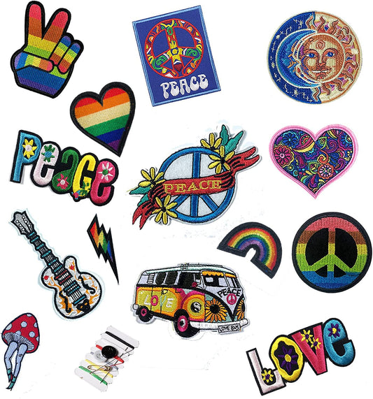 Joynaamn 14 PCS Iron on Patches for Clothing, Embroidered Decoractive Applique with Sewing Kit for Backpack Jackets Jeans Shirt, Sew on DIY Vintage Patches for 1970s Party, Hippie Aesthetic