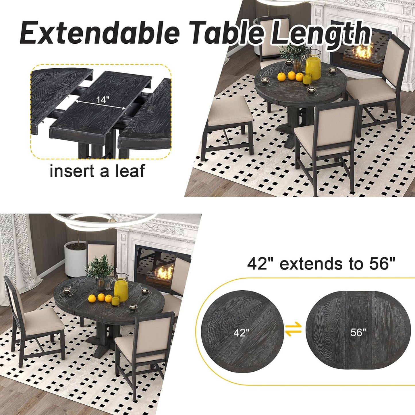Need Extendable Farmhouse Round Dining Table, 48-60 Inch Pedestal Base Kitchen Table for Small Spaces & Dining Rooms (Black Finish)