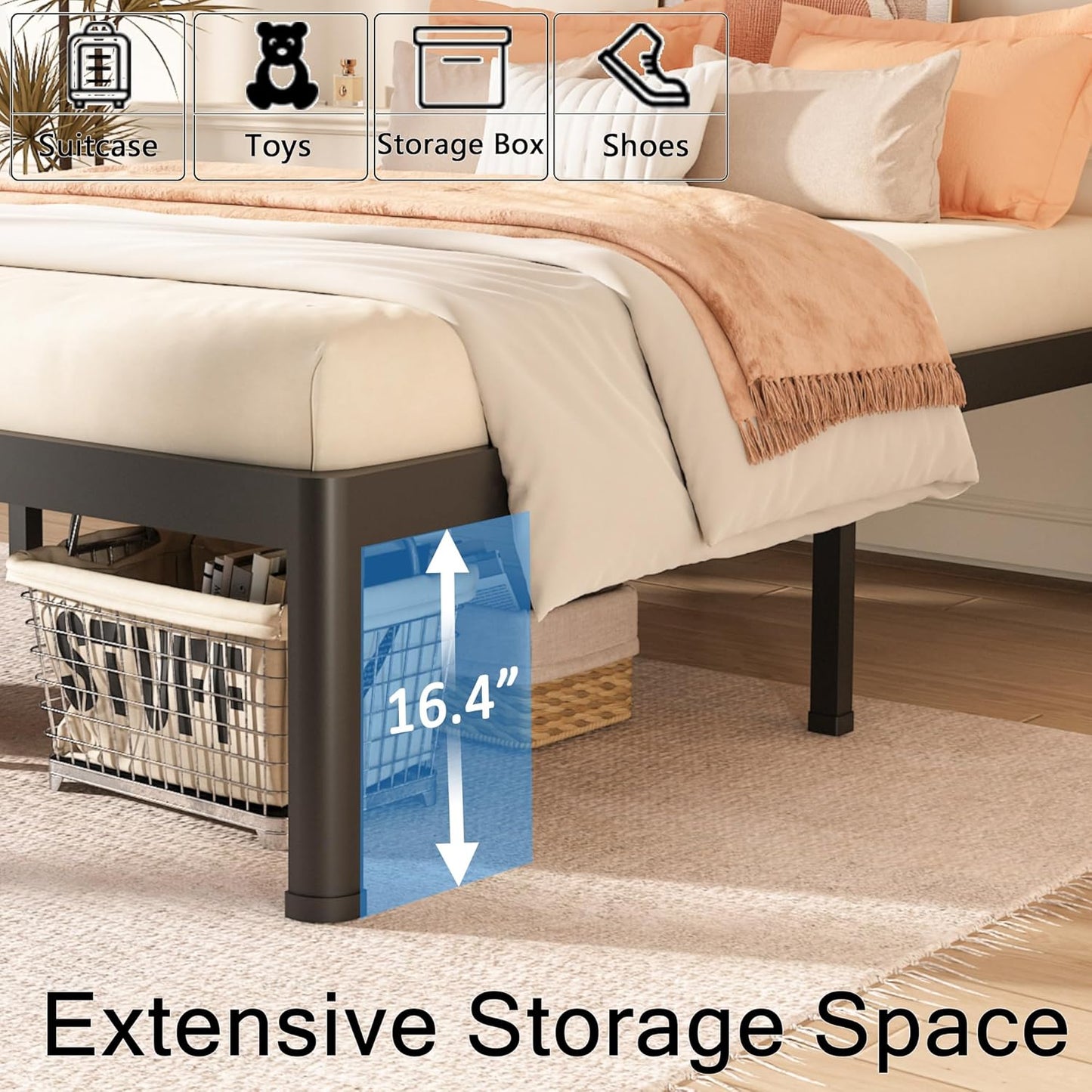 FUIOBYVV Queen Bed Frame with Round Corner Edge Legs 18 inch High 3500 lbs Heavy Duty Metal Platform Bed Frame Queen Size No Box Spring Needed/Non-Slip/Steel Slat Support/Noise Free