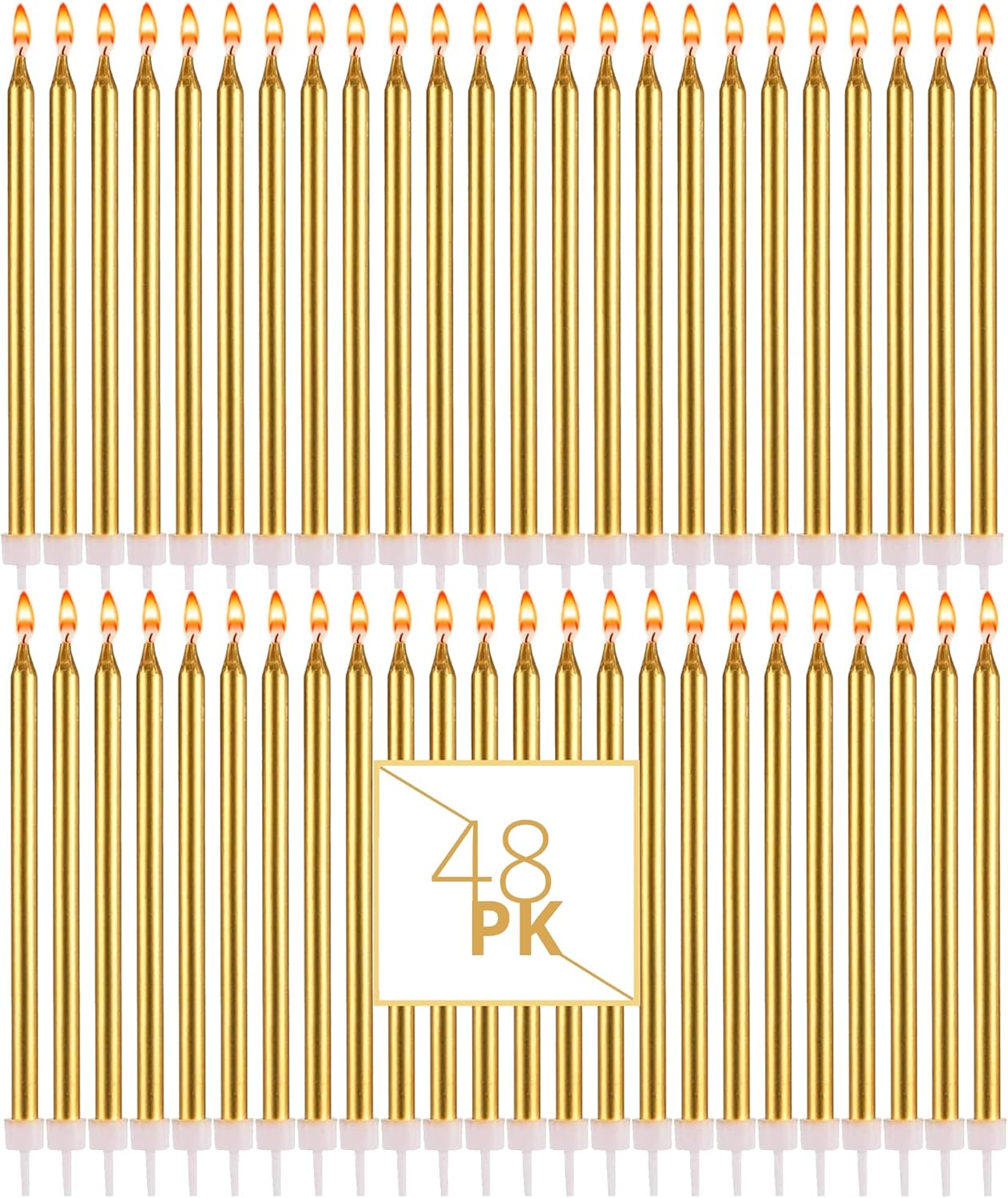 Bundaloo Gold Birthday Candles for Cake - Set of 48 Gold Candles for Birthday Cakes - with Plastic Holders, 5.5" Long, 0.20" Thickness