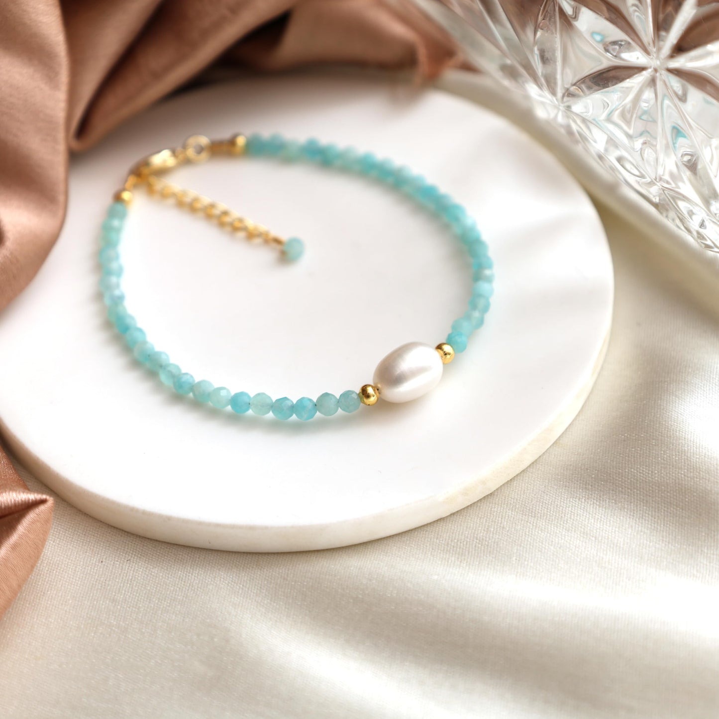 Gempires Amazonite Beaded Bracelet with Freshwater Pearl Gemstone Jewelry Lightweight Handmade Crystal Bracelets Hypoallergenic 7.5 Inch Gold Plated Trending Jewelry Gifts For Women