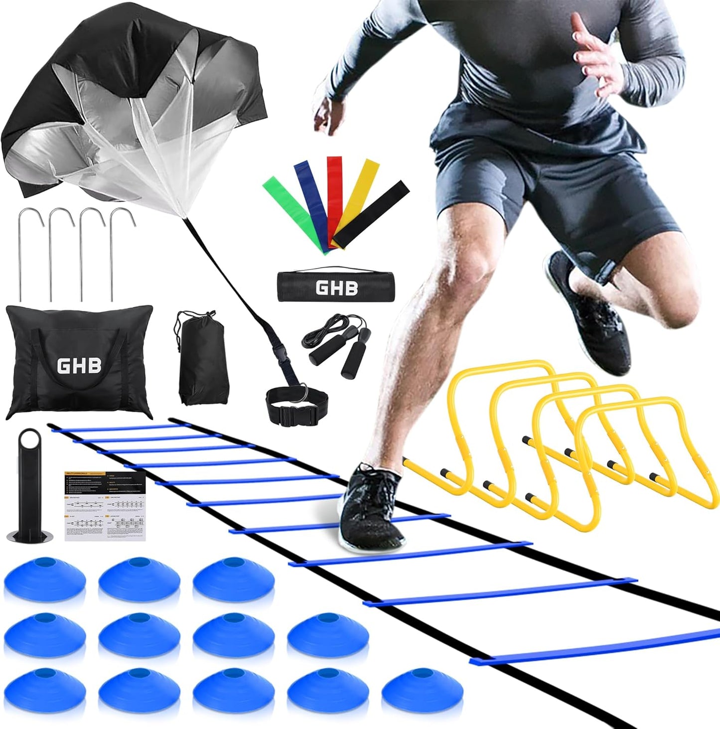 GHB Agility Ladder,Football Training Equipment Set,4 Agility Hurdles, 20 feet12 Rungs Speed Ladder,12 Disc Cones,Resistance Parachute, Jump Rope, 5 Resistance Bands