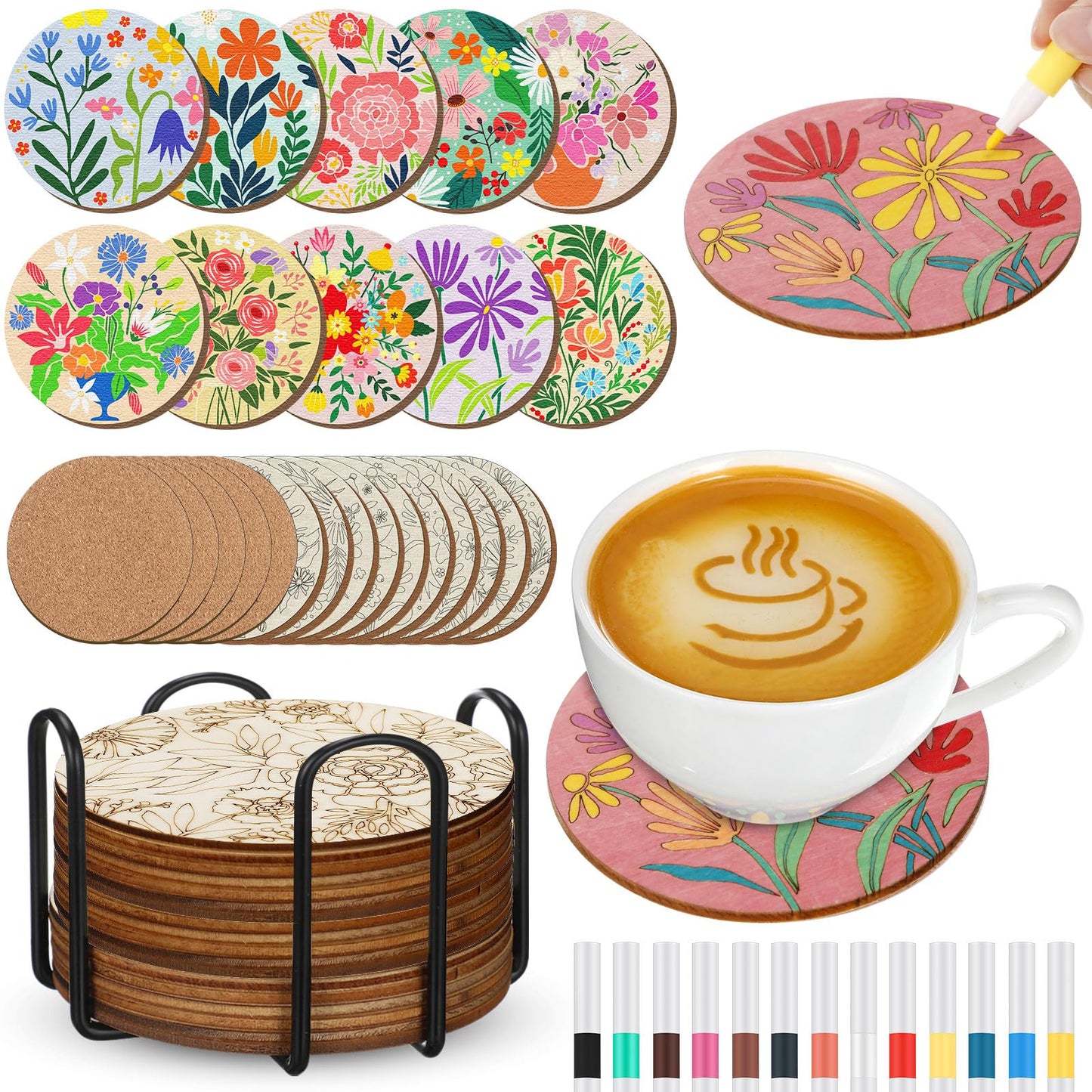 Reallnaive 45 Pcs Flower Wooden Coasters Painting Kit, 4 Inch Paint Your Own Boho Coasters with Markers, Mothers Day Arts and Crafts for Adults Women Seniors Elderly Crafters Gifts