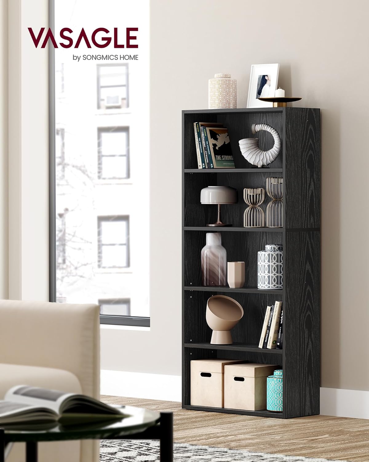 VASAGLE CUSTOS Collection - Bookshelf, 5-Tier Bookcase, Book Shelf, Open Storage Shelf, 9.4 x 23.6 x 52.8 Inches, for Living Room, Home Office, Dinning Room, Ebony Black ULBC165T56