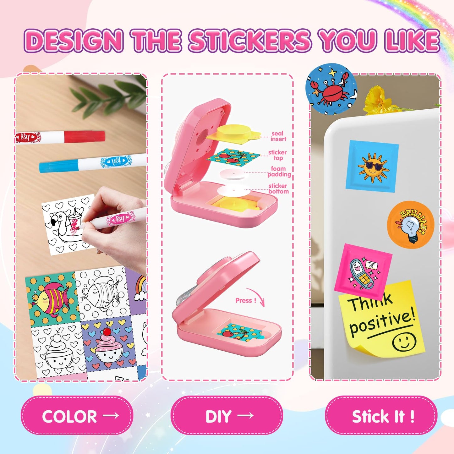 Hewaurorion Puffy Sticker Maker for Kids — Make Your Own 3D Stickers, 90-Piece DIY Craft Kit with Unicorn Machine, Arts and Crafts for Girls Boys Ages 6-10, Screen-Free Birthday Gift