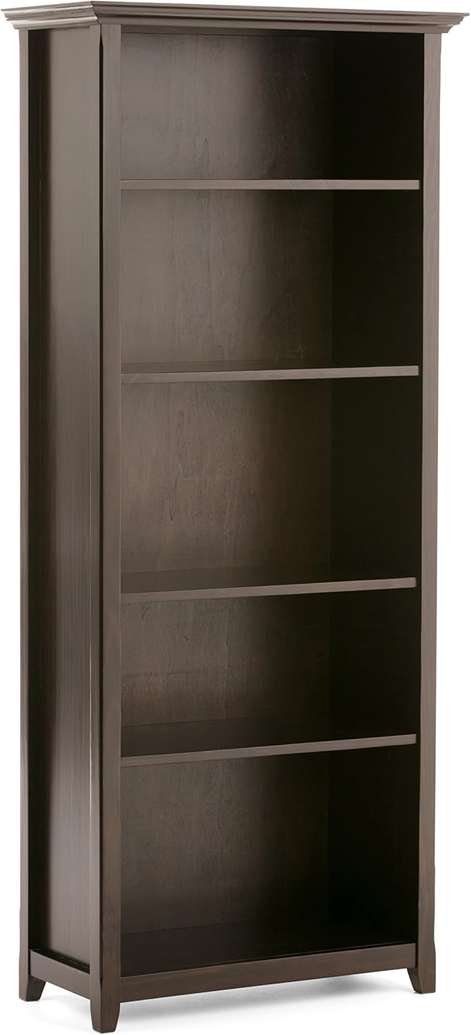 SIMPLIHOME Amherst Bookcase - 70 inch Tall 5-Shelf Solid Wood Bookshelf in Hickory Brown, Transitional Storage for Living Room, Study Room or Office with Adjustable Shelves and Tapered Legs