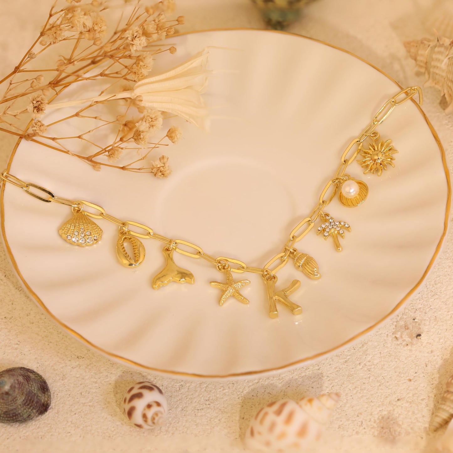 JALZEMPL Initial Charm Necklaces For Women Shell Letter Paperclip Chain Seashell Starfish Beach Summer Pendant Boho Surfer 14K Gold Plated Jewelry Gift (F)