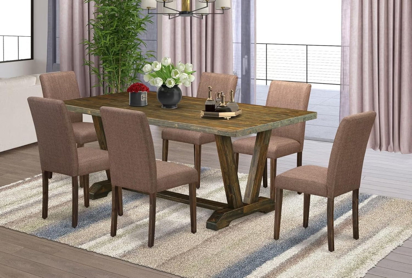 East West Furniture V777AB747-7 7 Piece Dinette Set Consist of a Rectangle Dining Table with V-Legs and 6 Light Sable Linen Fabric Parson Dining Room Chairs, 40x72 Inch, Multi-Color