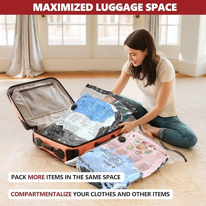 SUOCO Travel Vacuum Bags with Portable Electric Pump, 10 Small Compression Packing Seal Cubes for Clothing Suitcase Luggage Organizer, Space Saver Clothes Storage Bags