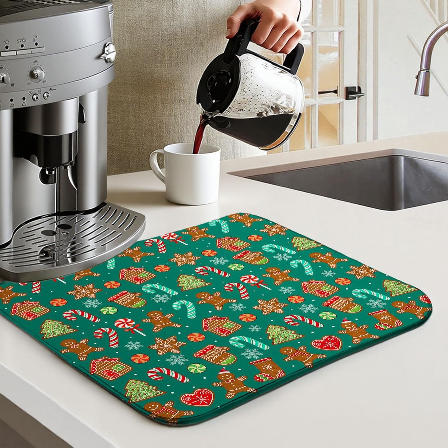 Green Christmas Drying Mat for Kitchen Counter 18" X 24" Christmas Dish Drying Mat for Kitchen Decor Candy Xmas Drying Mats For Home Counter Drying Mats For Dishes Dish Mat Drying Mat