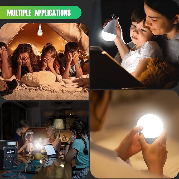 4 Pack Rechargeable Emergency Light Bulbs, Battery Powered Energy Efficient LED Light Bulb 6000K Daylight E26 120 Volt 9W 60W Equivalent with 1200mAh for Home Power Outage Camping Hurricane