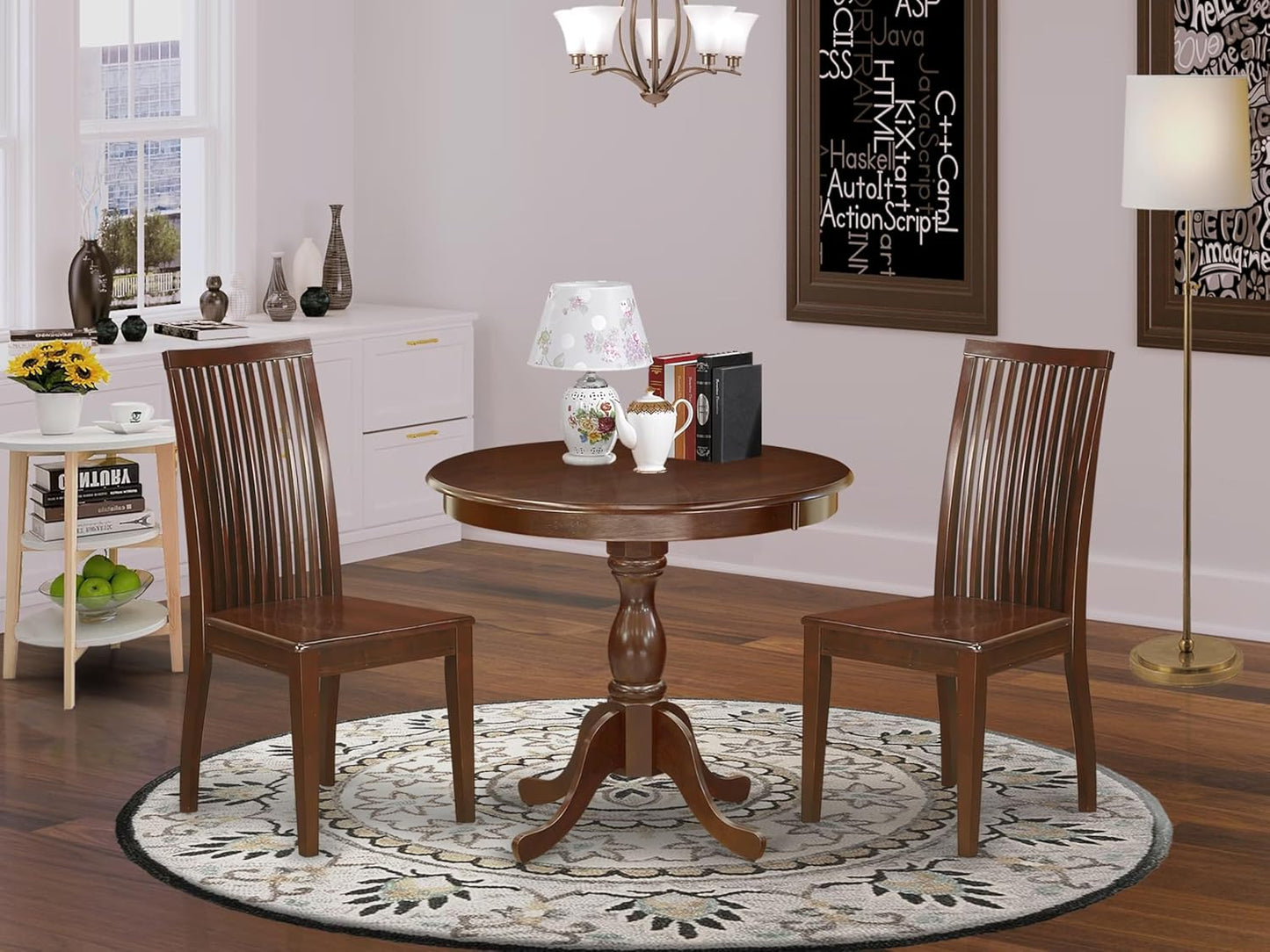 East West Furniture AMIP3-MAH-W 3 Piece Dining Table Set for Small Spaces Contains a Round Kitchen Table with Pedestal and 2 Kitchen Dining Chairs, 36x36 Inch, Mahogany