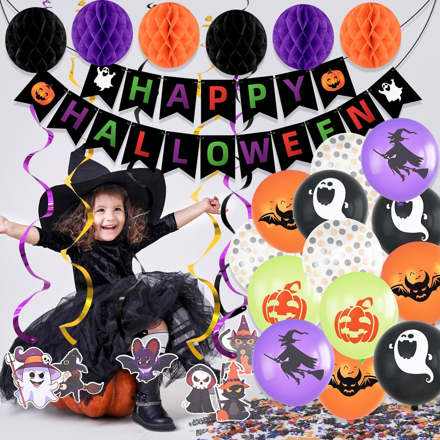 Happy Halloween Decorations Banner Supplies, Boo Classroom Hanging Cute Decoration Kit Dots Hanging Garland Honeycomb Ball Swirl Streamers for Halloween Party Decor Indoor Adult