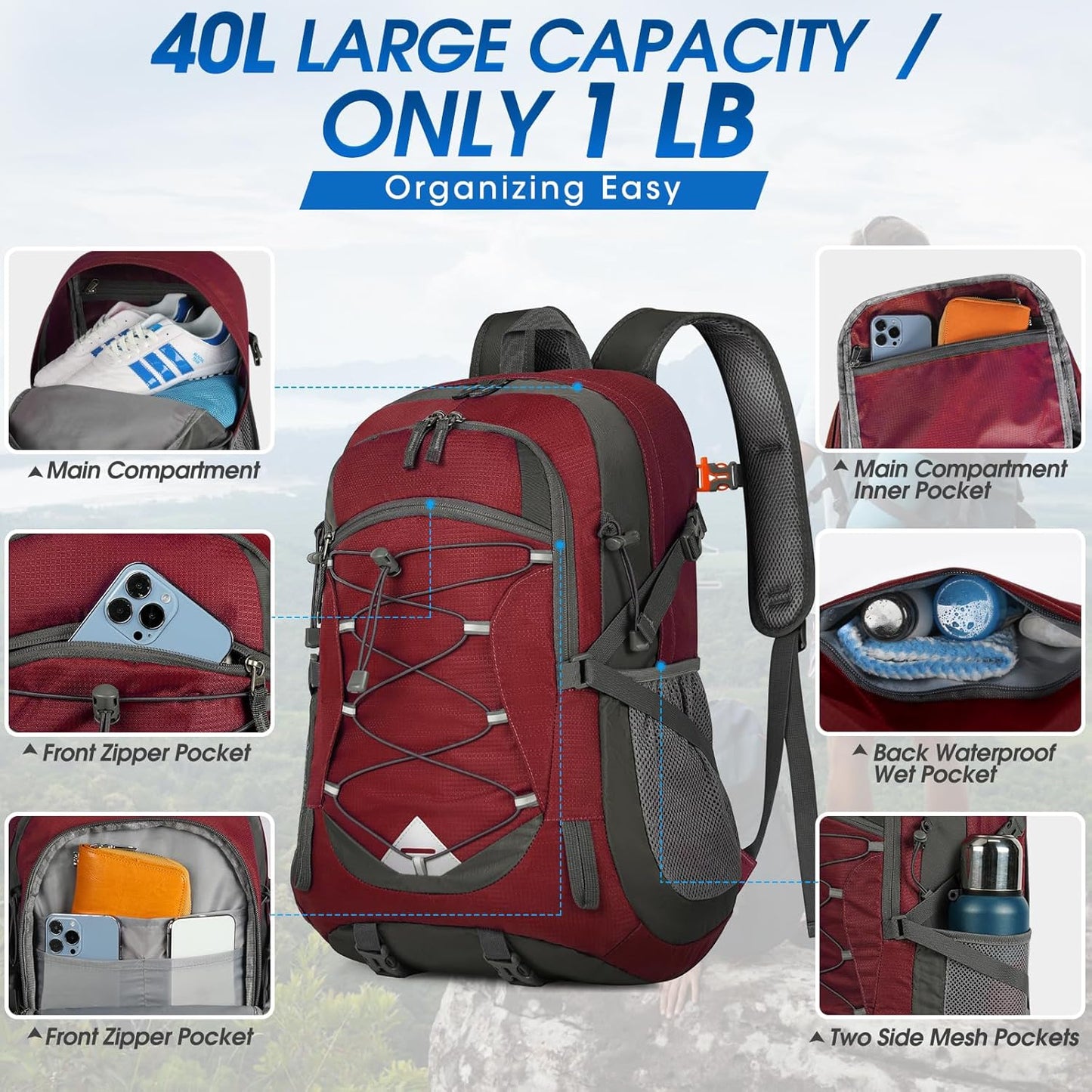 IGOLUMON Hiking Backpack 40L Packable Lightweight Camping Backpack Men Women Waterproof Hiking Daypack Outdoor Travel Daypack