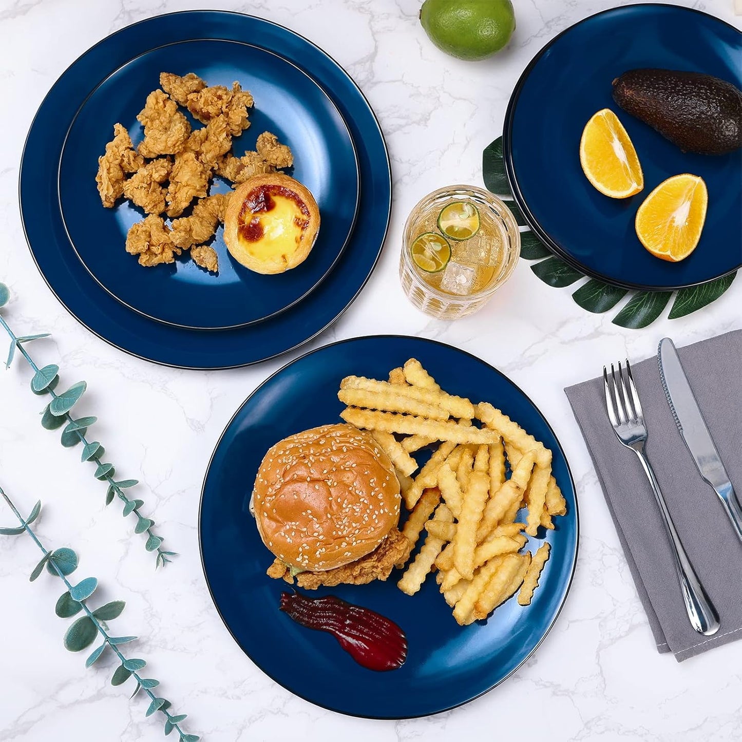 TP 12-Piece Dinnerware Set, Melamine Dishes Set with Bowls and Plates, Non-breakable and Lightweight Dinner Service for 4, Black and Blue