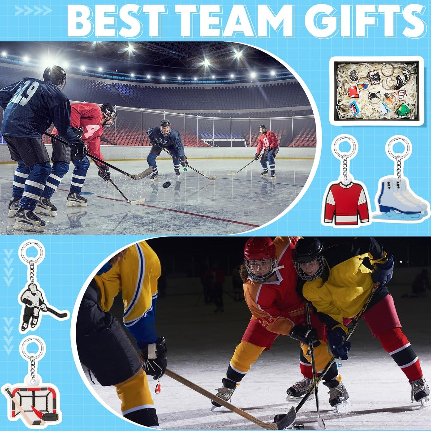 Batiyeer 36 Pack Hockey Keychains Bulk Party Favors Sports Ball Key Chains Funny Keyring Gifts for Birthday Supplies