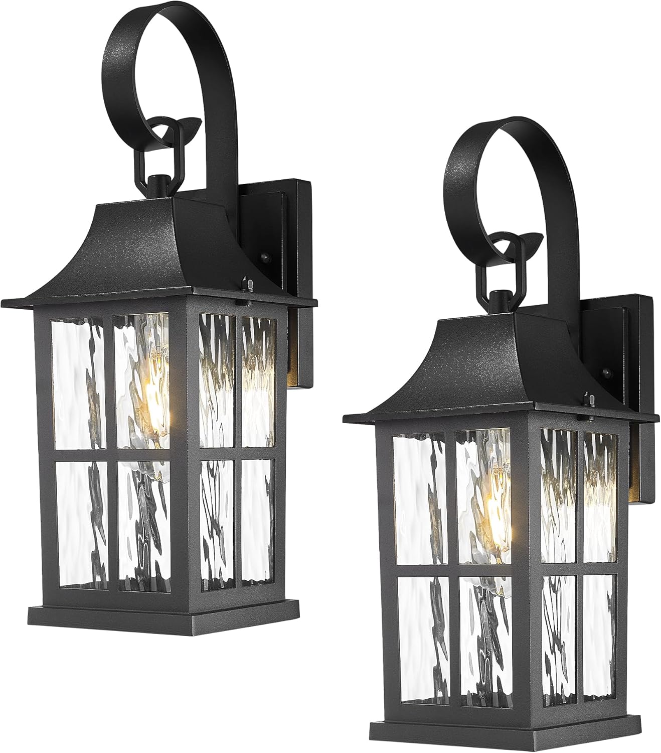 Emliviar 2 Pack 15.4 Inch Porch Lights Outdoor, Water Ripple Glass Shade Wall Sconce Lantern in Black Finish, E26 Socket Wall Lanterns for House, YXE306B-2PK BK-SW