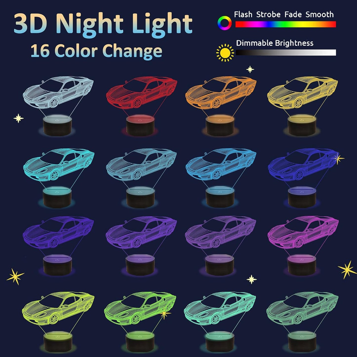 Attivolife Car 3D Gifts Lamp, Rally Vehicles Illusion Optical Night Light 16 Colors Changing with Remote Control, Kids Bedroom Decor Birthday Gift Present for Sports Racing Lover Children Boy Men