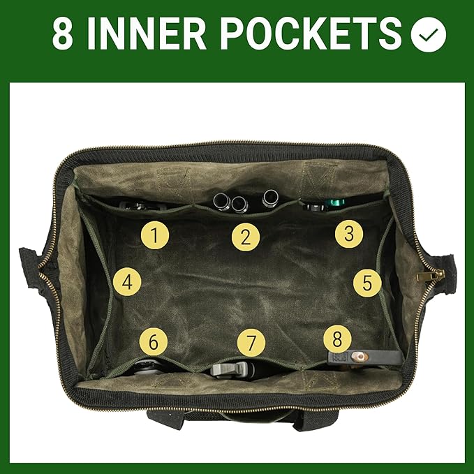 15 Inch Tool Bag, Heavy Duty Wide Mouth Water-Resistant Tool Bag, Tool Tote with Handle for Tools, Wrenches, Screwdrivers (15 X 7.8 X 11.5 inch) | ArmyGreen