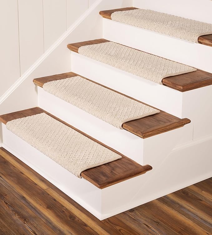 Oak Valley Designs™ Rounded Bullnose Carpet Stair Treads - Anti Slip Indoor Stair Mats for Wooden Stairs, Style: Bayside Charm, Crystal Canyon 31" W X 9.75" D (Set of 14)