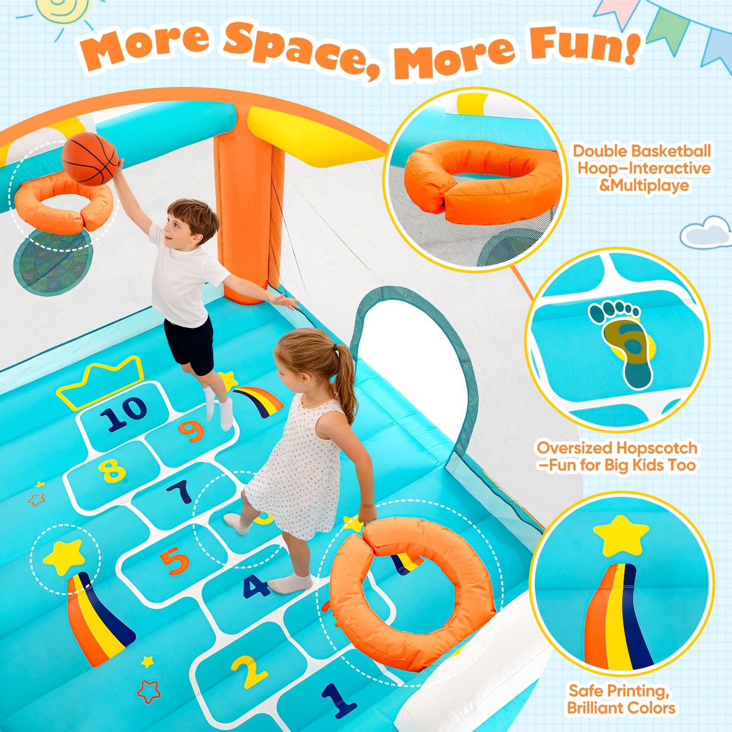 Bounce House for Big Kids 5-10, Large 12.5 × 10FT Windmill Inflatable Bouncy Castle, with Slide & Dual Basketball Hoops & Spacious Jump Area, Outdoor Backyard Birthday Party, with 550W Blower