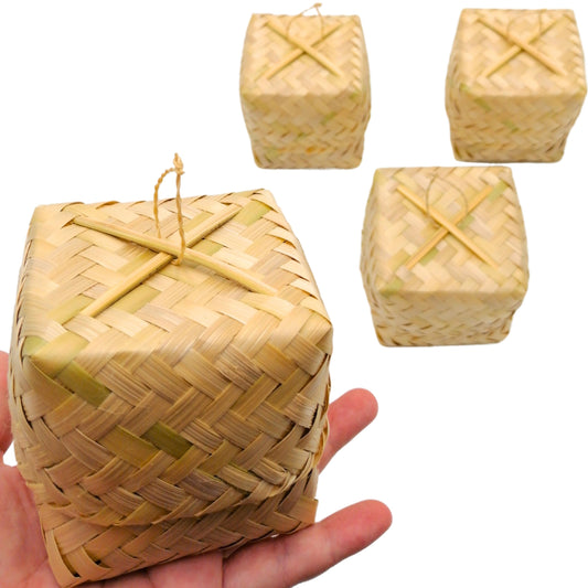 Sticky Rice Basket 3 x 3 Inches, Kratip Bamboo Container, Thailand Handmade Serving Basket, Original Bamboo Color, Thai and Laos Kratib for Home, Restaurant (X Sticky Rice Container Pack 4)