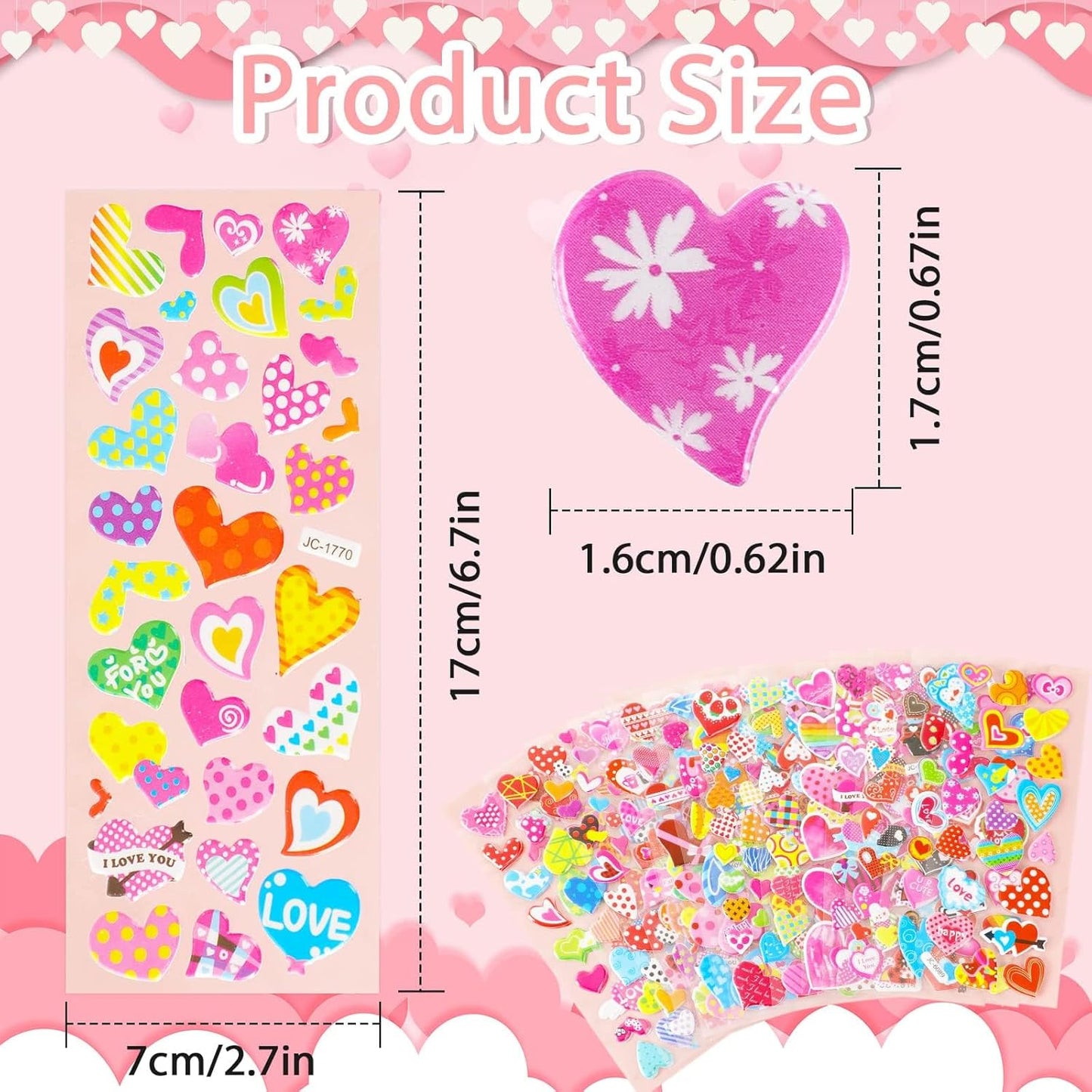 UPINS Valentine Stickers, 14 Sheets Over 500pcs Heart Stickers for Kids, Cute Puffy Colorful 3D Valentine's Day Crafts, Party Games