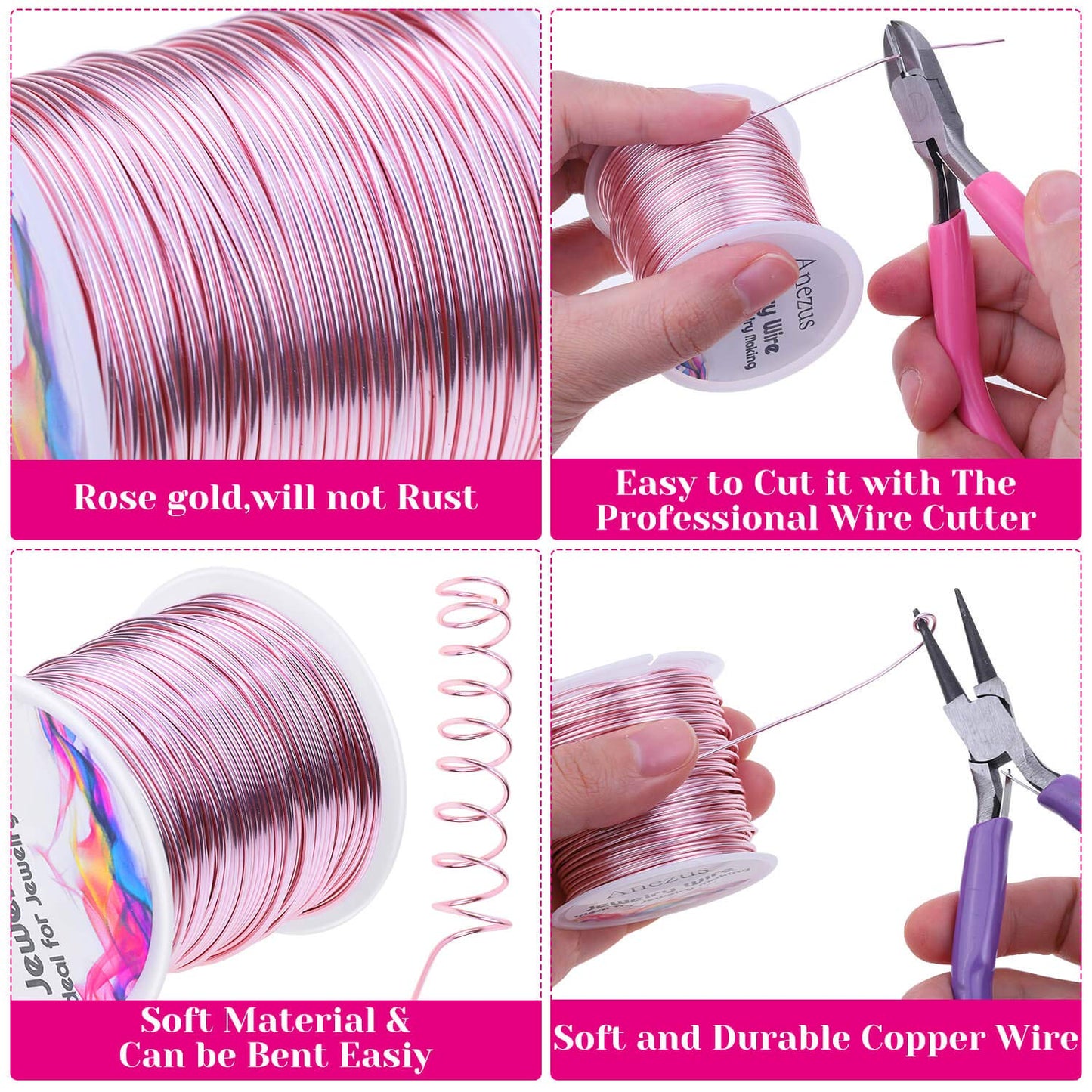 Anezus 18 Gauge Jewelry Wire for Jewelry Making, Anezus Craft Wire Tarnish Resistant Copper Beading Wire for Jewelry Making Supplies and Crafting (18 Gauge, Rose Gold)